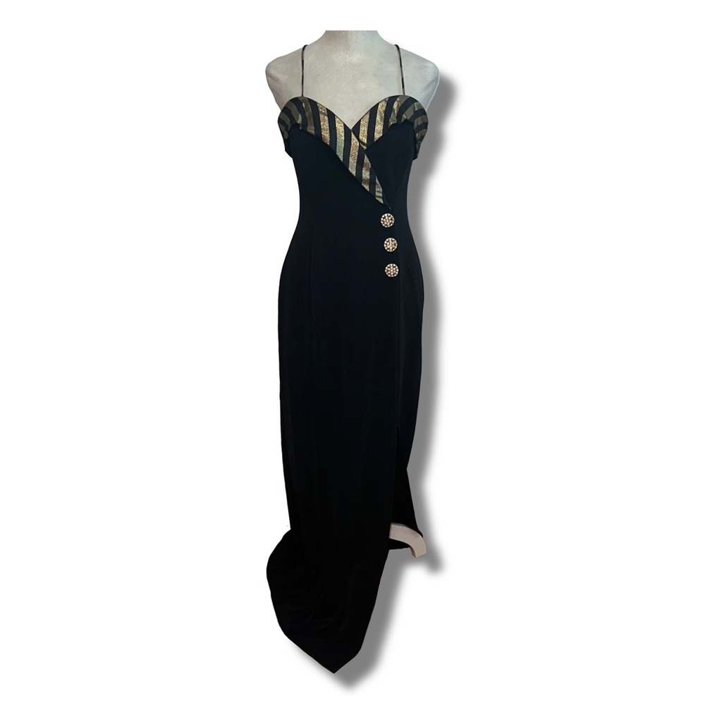 Vintage Gold Striped Trim Bodycon Evening Dress